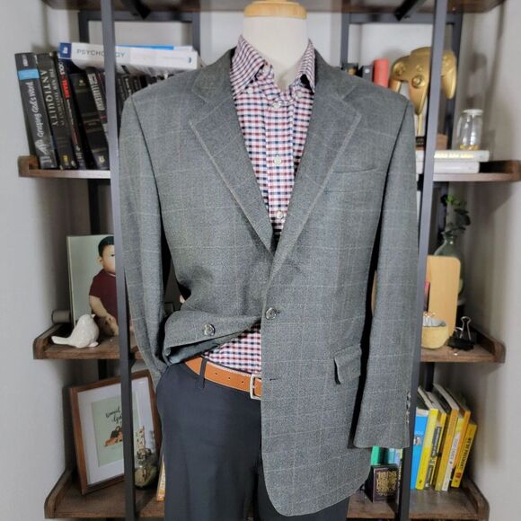 BESPOKE Men's Sport Coat Kingwood Two Button Gray Tweed Plaid Silk Wool Size 41R